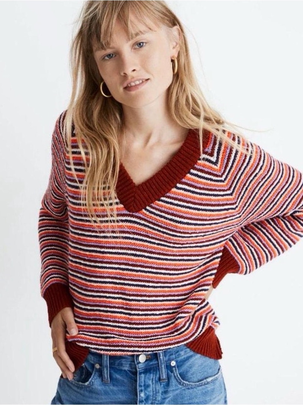 Madewell Arden V-Neck Pullover Sweater Mahogany Stripe Medium